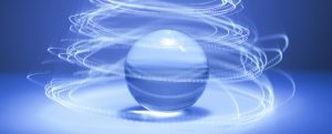 dessin d'une boule translucide autour de laquelle gravite un vortex, sur fond bleu