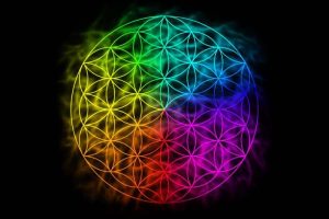 dessin d'une fleur de vie aux couleurs des chakras sur fond noir