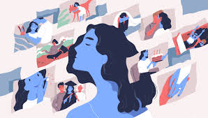 dessin d'un buste de femme qui ferme les yeux et qui se remémore sa vie sous forme de photos