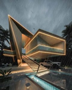 image 3D d'une maison moderne avec des angles très saillants et destructurée