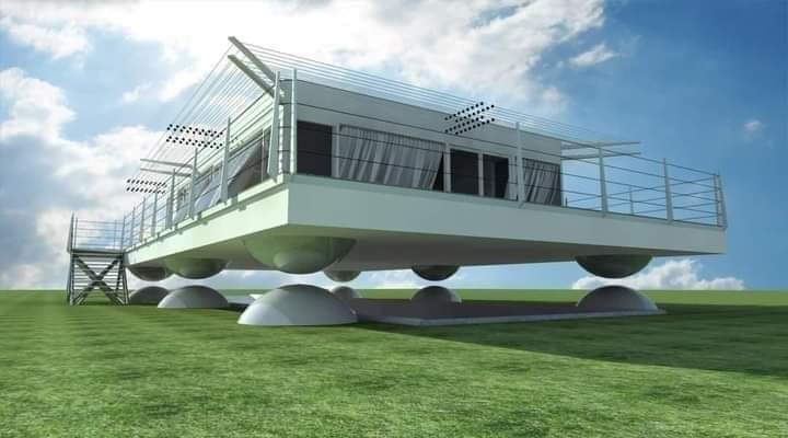 photo montage d'une maison antisismique qui flotte par gravité d'un champ électromagnétique