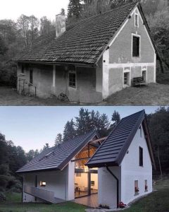 photo d'une maison ancienne en noir et blanc et dessous, la même maison qui a été rénovée