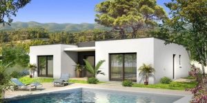 photo montage d'une maison à toiture plate avec une piscine devant